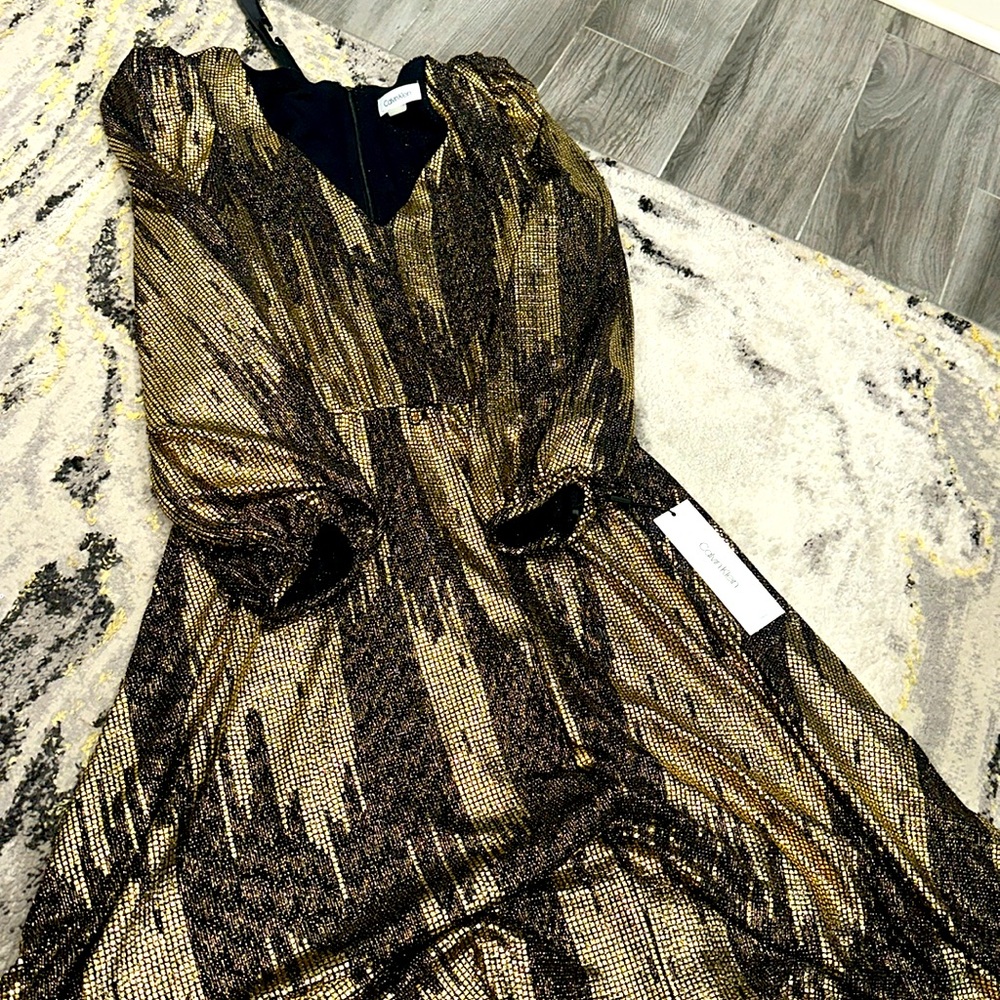 Brand new, black and gold belted Calvin Klein dress